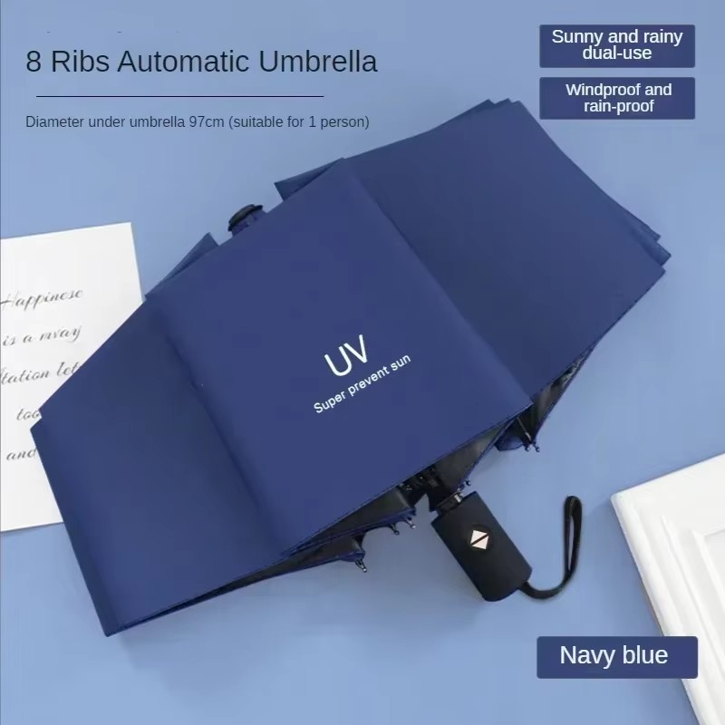 Automatischer Regen- und Sonnenschirm, schwarze Beschichtung, Sonnenschirm, Anti-UV, 3 faltbar, windbeständig, automatisch, luxuriös, groß, winddicht, für Damen und Herren, 8 Bänder: Lila