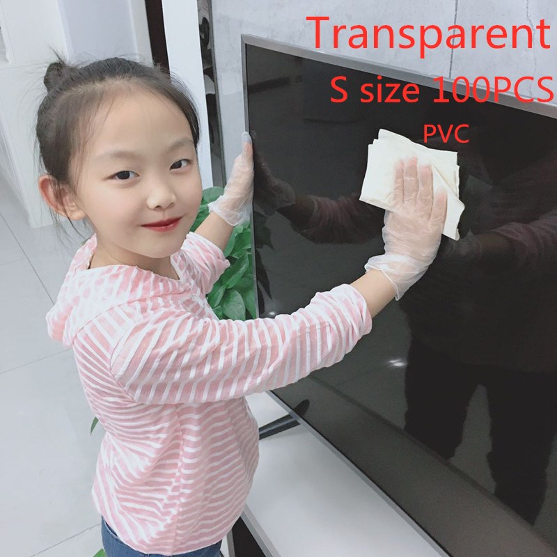 Lateefah 100PCS Kinder Einweg Nitril Handschuhe Gesundheit Schutz Gummi PVC Kinder Handschuhe Kind Haushalts: Transparent S size