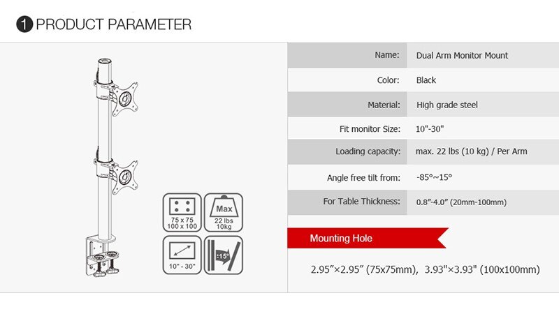Desktop Clamping Dual 10"-30" Computer Monitor Mount Vertical Array Stand Two Screens Bracket Max Loading 10KG Per Arm