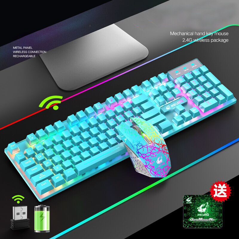 Gaming Keyboard and Mouse Wireless PC 2.4G Keyboard Optical Mouse 2400dpi Usb Gamer Keyboard Set Computer Laptop Keyboards: blue