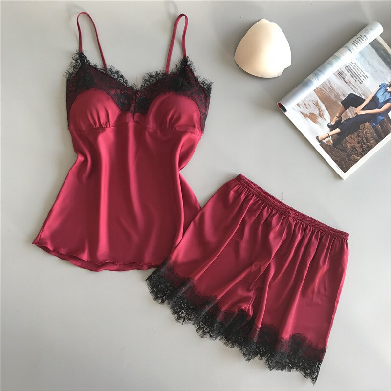 Women Sleeveless Sleepwear Sexy Satin Pajama Set White Lace V-Neck Pyjamas Sleeveless Cute Top and Shorts: Red / M