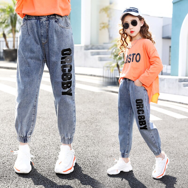 Cuhk freundlicher Jeans Teenager Mädchen Elastische Taille knapp Drucken Denim Hosen Baumwolle Mischung Cowboy Hosen lässig freundlicher Jeans