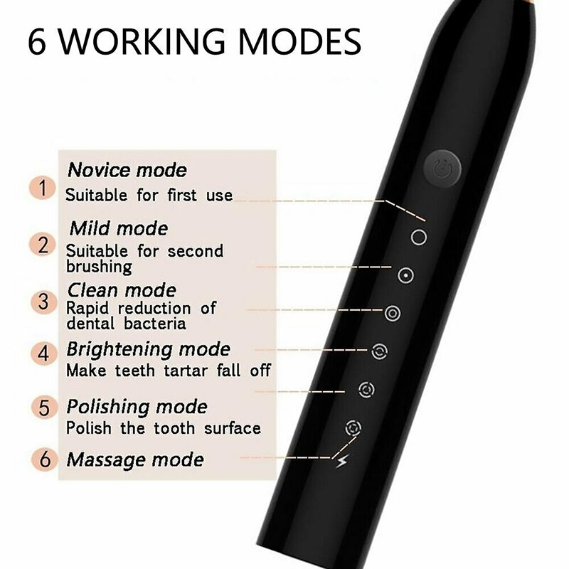Sonic Electric Toothbrush 6 Modes Deep Cleaning Waterproof Portable Travel Adults Tooth Brush With 4 Replacement Brush Heads