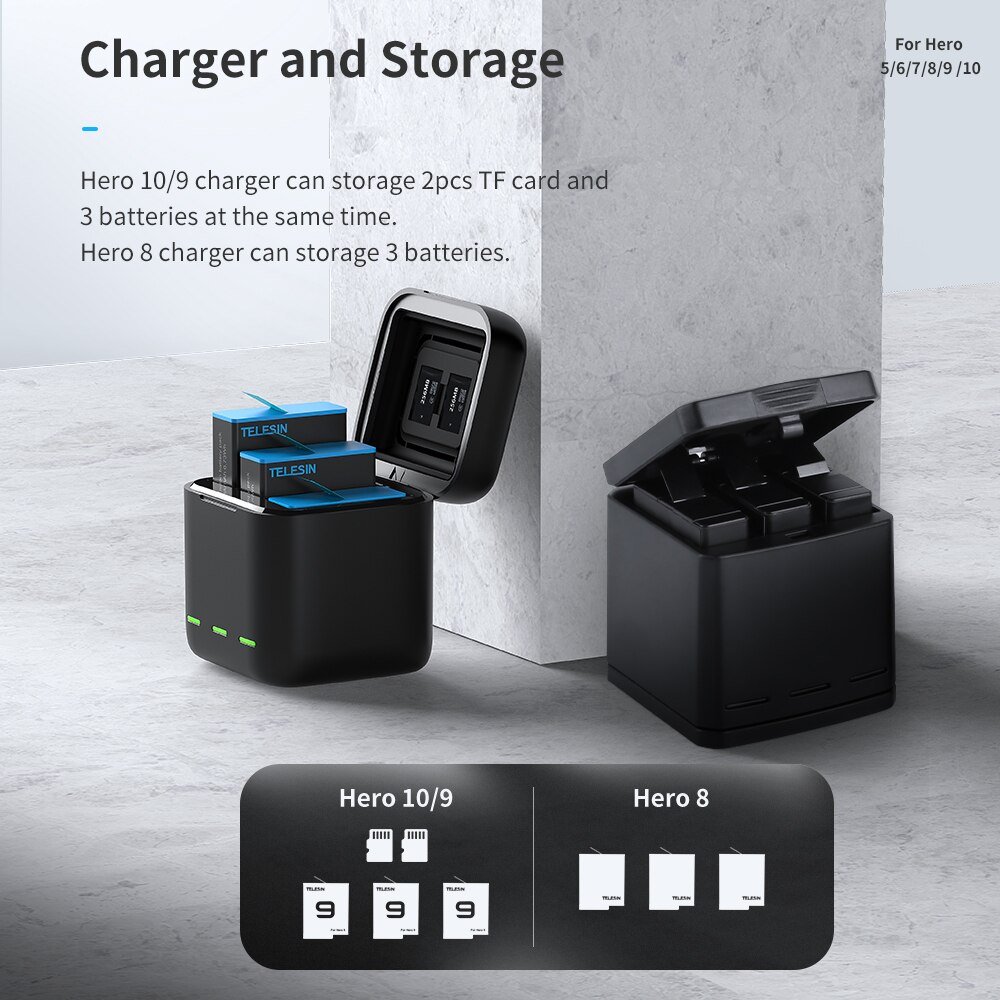 TELESIN For GoPro 10 9 Battery 1750mAh 1220mAh 3 Slots LED Light Charger Box TF Card Storage For GoPro Hero 5 6 7 8 9 10 Black