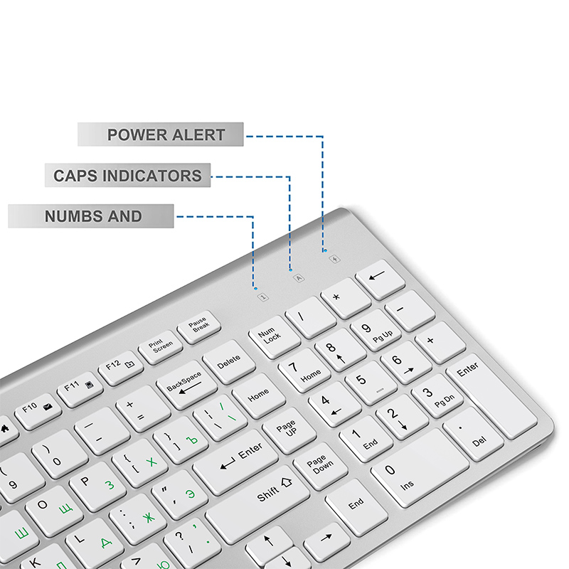 Russian layout 2.4G Wireless Keyboard and Mouse Set,Ergonomic USB Portable slim , full size Keyboard Mouse silver white