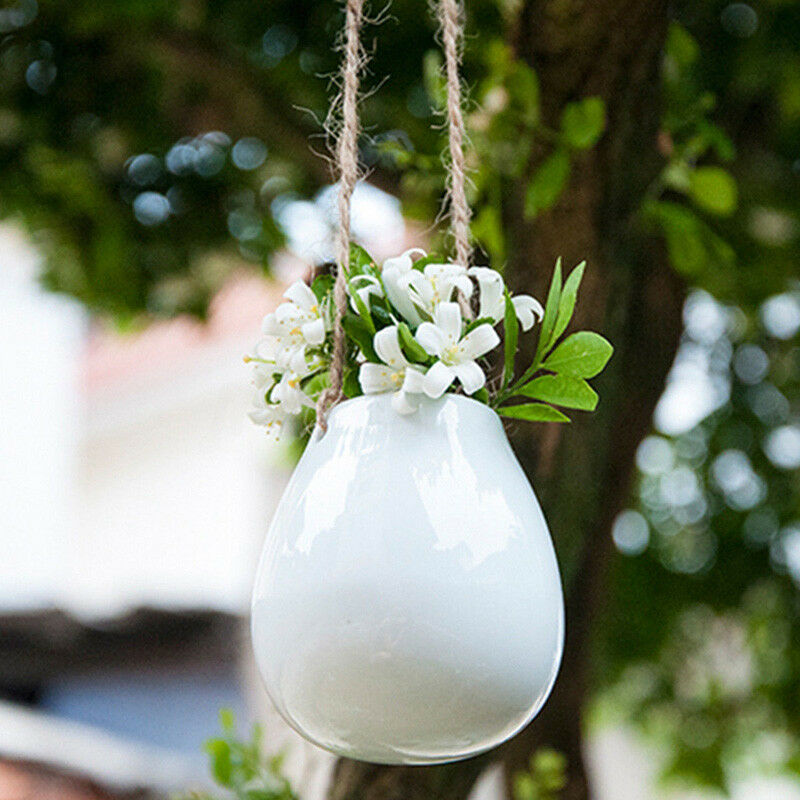 Vase à fleurs suspendu blanc avec corde | Petit Vase suspendu en céramique avec corde pour la maison, le balcon, Pot de fleurs et plante, Vase à fleurs avec ficelle