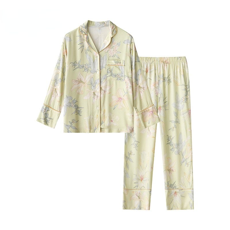 Vrouwen Homewear Viscose Katoen Groene Lelie Gedrukt Korte Mouwen Broek Vest Pyjama Pakken Voor De Lente En Zomer: long sleeve set / Xl