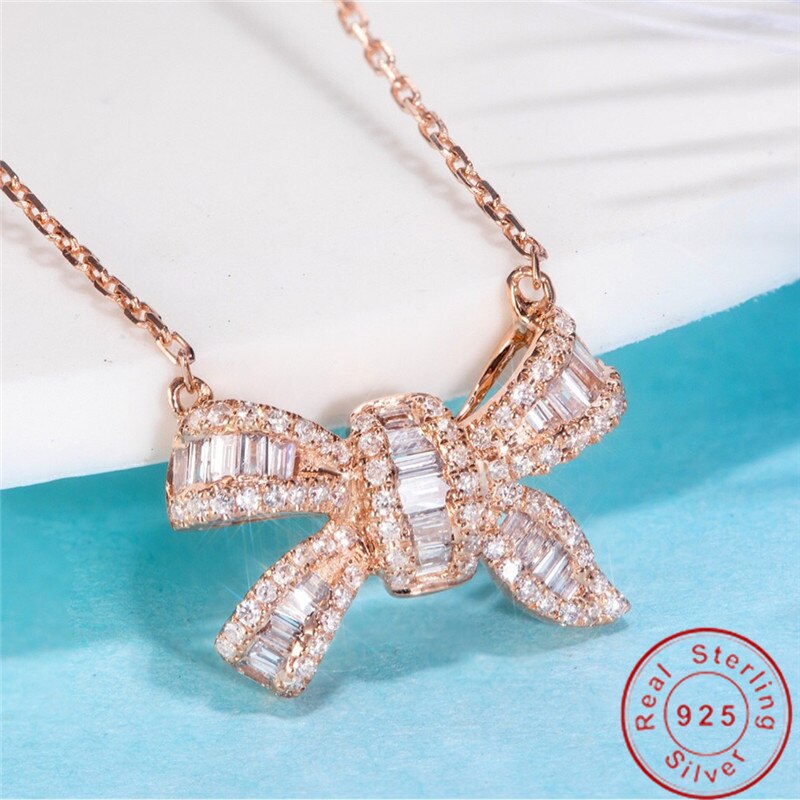 Ciondolo Bowknot fatto a mano AAAAA cz pietra reale argento sterling 925 dichiarazione pendenti da sposa collana per gioielli da sposa da donna: Rose Gold