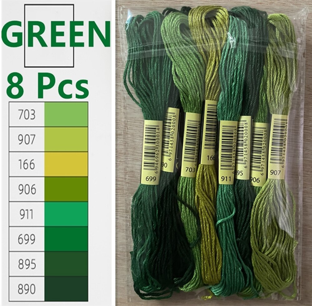 Embroidery Thread 447 Colors Embroidery Floss Cross Stitch Kit Premium Rainbow Embroidery DIY Threads Crafts Cotton Sewing Skein: Green 8 Color