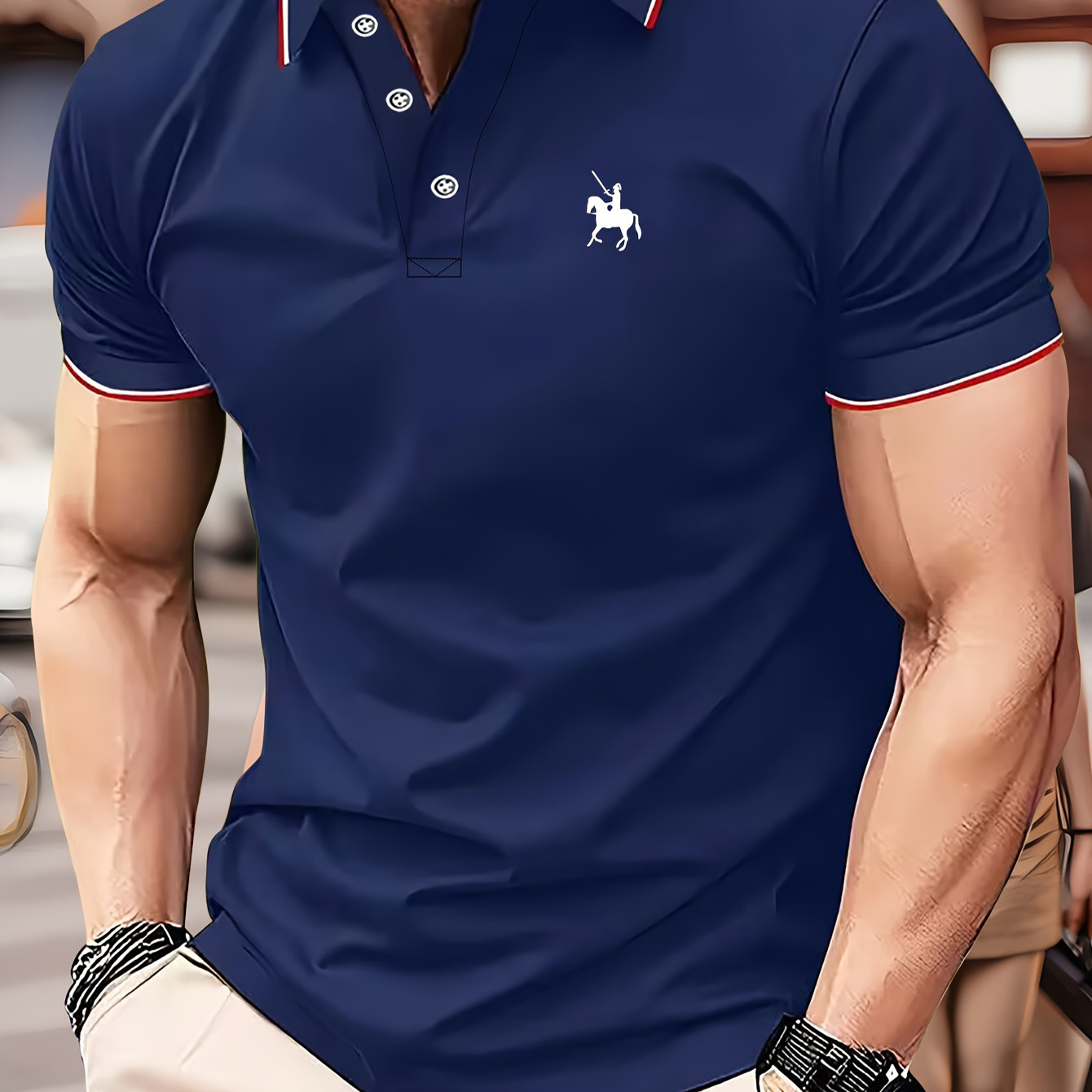 Herren-Sommer-Poloshirt aus 100er Baumwolle, modisch, lässig, Rittermuster, locker, großes Revers, kurzärmelig: XL / Marineblau