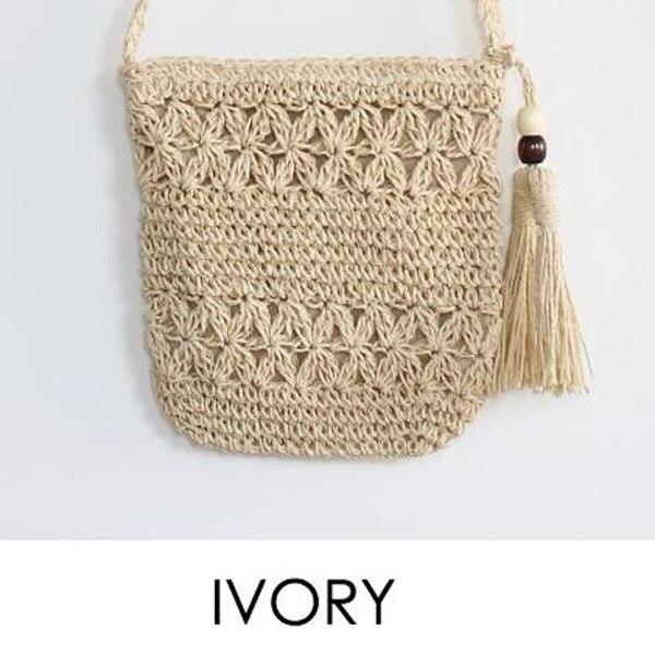 Femme été tissé creux paille croix corps sacs fermeture éclair crochet fleur sac de messager gland paille sac à bandoulière marron beige 2 couleur: beige