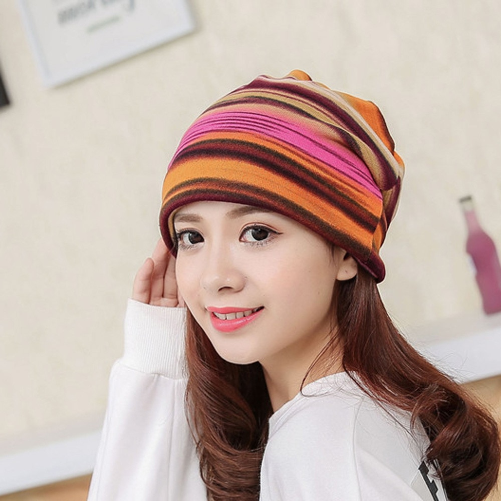Vrouwen Gestreepte Hoed Ruche Kanker Hoed Beanie Sjaal Kraag Tulband Head Wrap Cap Winter Hoed Voor Vrouwen Mutsen Hoeden Skullies gorros: B