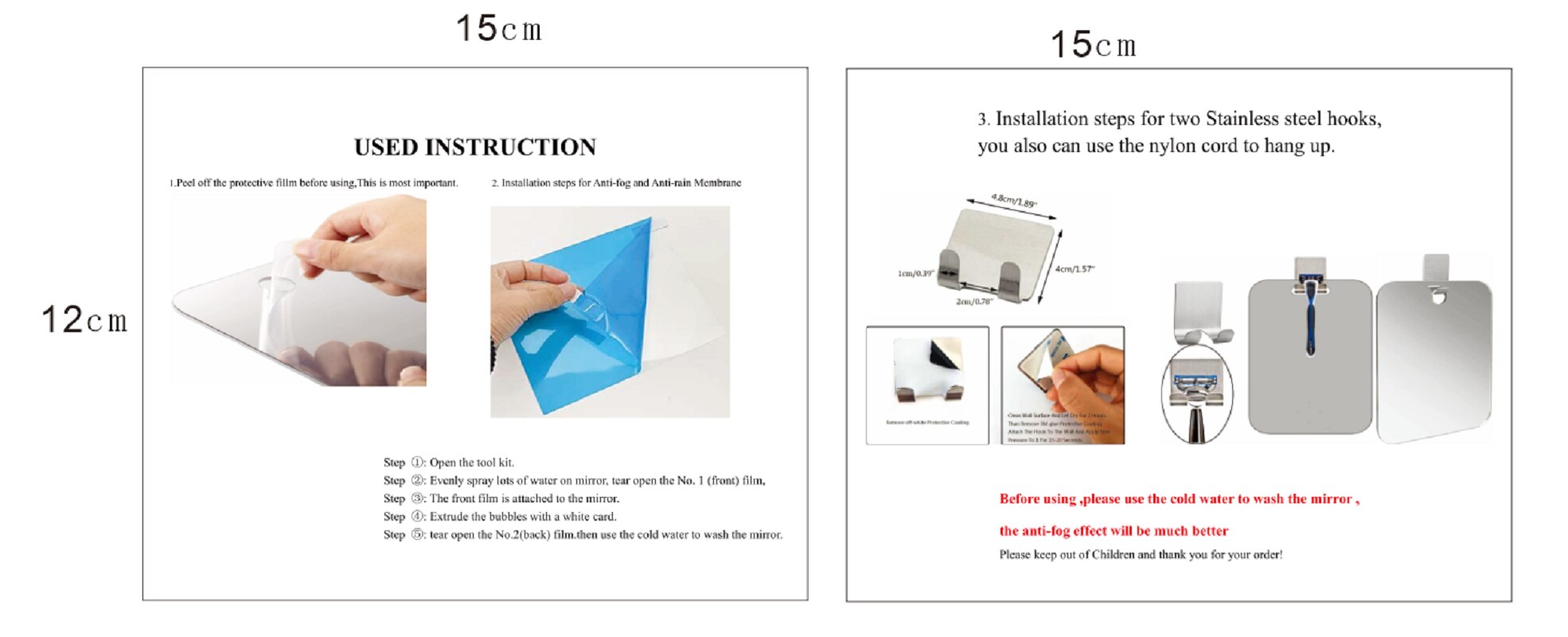 Acrylic Anti-Fog Shower Mirror Shower Makeup Shave Mirror Frameless With Adhesive Hooks Nylon Rope Shower Wall Hanging Mirror