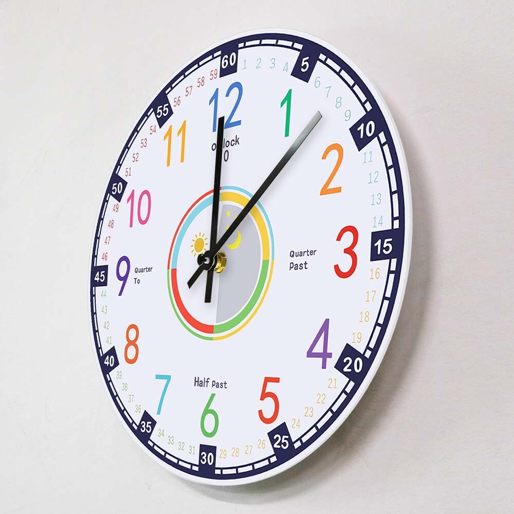 Learning Time Educational Wall Clock Kindergarden Preshool Math Activity Silent Non-ticking Hanging Watches Home Decor For Kids