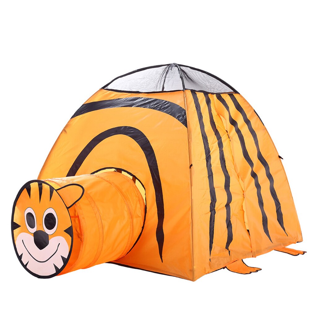 2-in-1 Kids Animal Themed Playhouse with Up Tent & Tunnel for Indoor Outdoor Play - B, Tiger
