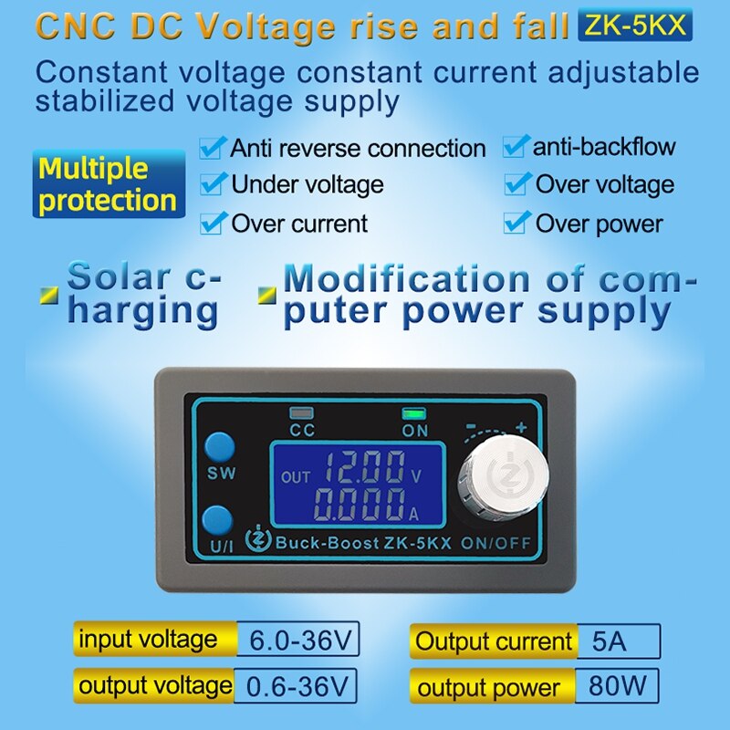 ZK-5KX DC DC Buck Boost Converter 0.6-36V 5A 5-24V 80W Power Module Adjustable Regulated Laboratory Power Supply