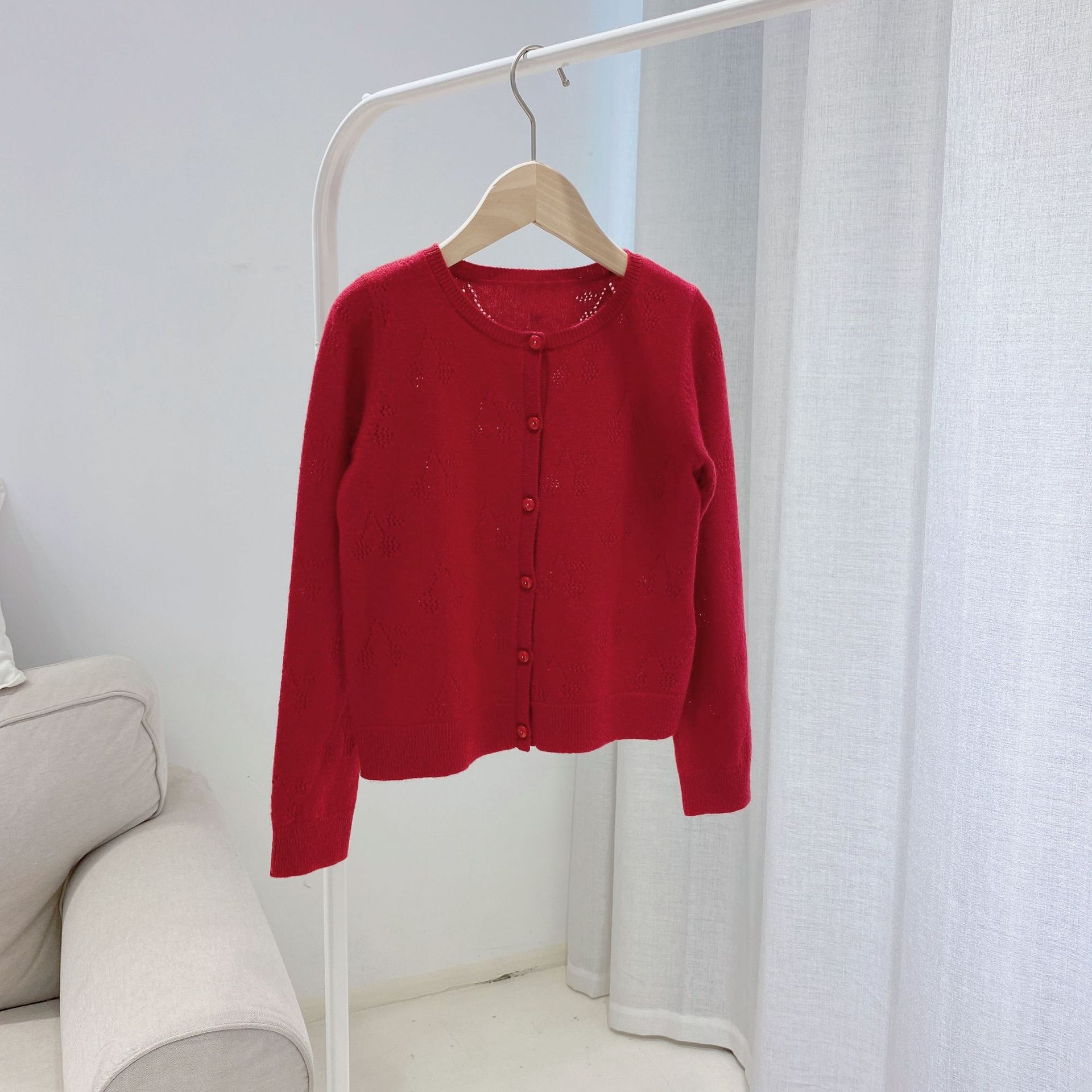 Kids jacket children clothes solid red colour cherry pattern knitting jacket for girls presell September 30th ship