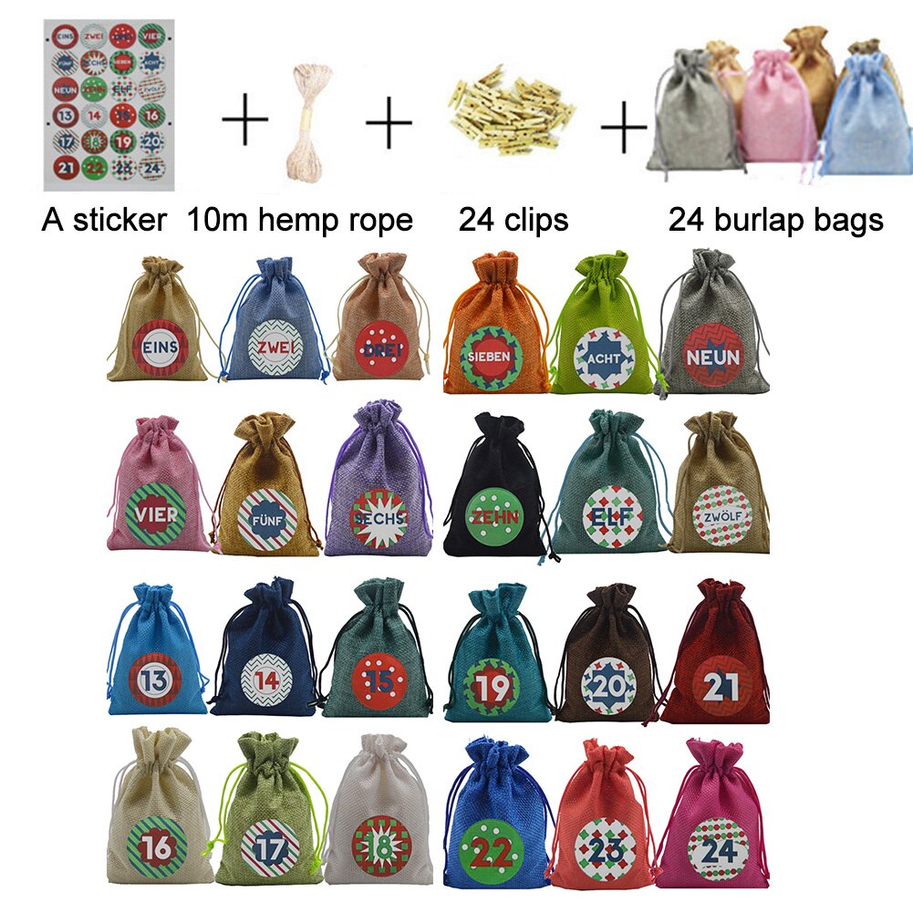 24 stk advents julekalender fyld slik hørposer poser jule adventskalender 24 farver opbevaringstaske hør ca.