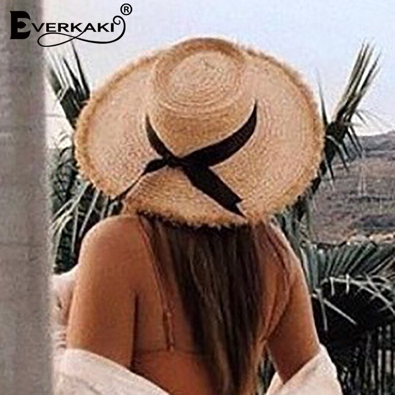 Everkaki Stro Strik Zon Hoeden Zomer Vrouwen Schipper Strand Hoed Brede Side Casual Dames Panama Platte Hoed Fedora Chic