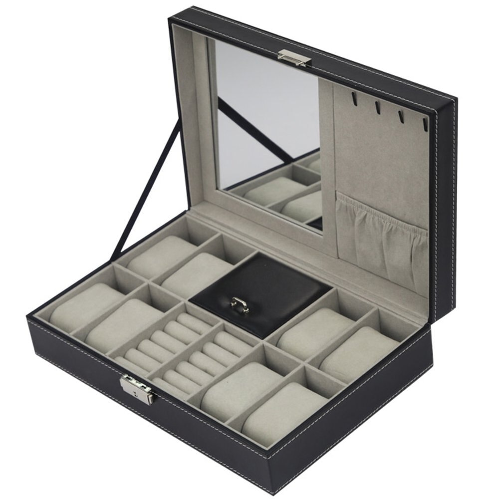 2/6/10/12 slots gitter pu læder ur display boks smykker opbevaring organisator sag låst ur display boks