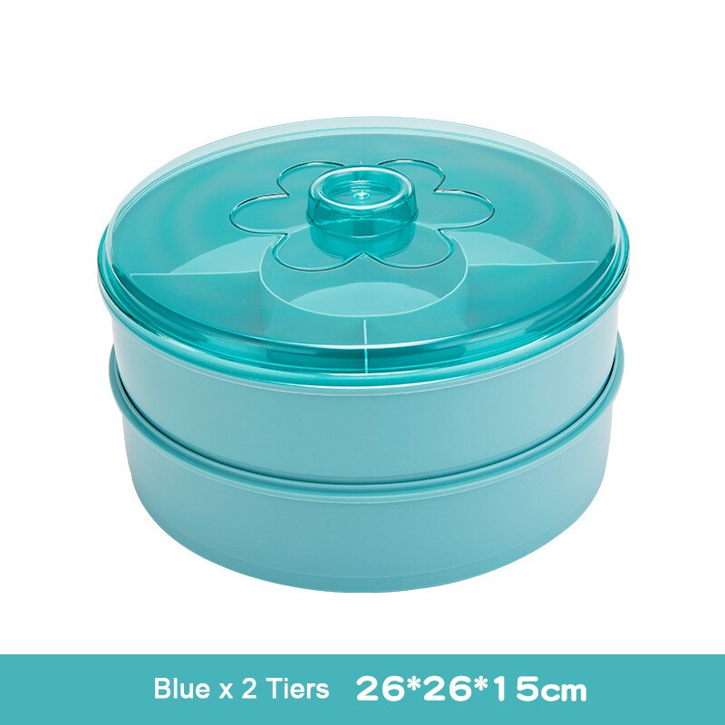 Rotating Snack Box Plastic Food Storage Organizer Candy Nuts Serving Container Divided Compartments Party Snack Plate with Lid: Blue 2 Tiers