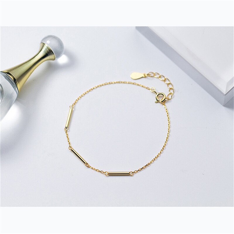 ROMAD Simple 925 Solid Real Sterling Silver Gold Stick Chain 16cm Bracelets For Teen Women Hand Accessories Jewelry R25