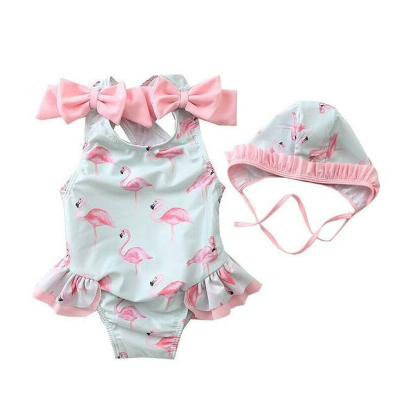 Baby piger badedragt med hat toddler børn sommer flamingo svømning + hat 2 stk kostume 2-6y