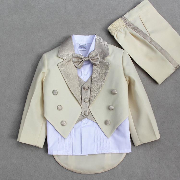 Drenge formel kjole blomsterdrenge smoking klaver præstationskostume fødselsdag bryllup jakkesæt 4 stk jakke + vest + bukser + slips tøj sæt: Champagne 3 stk / 2t
