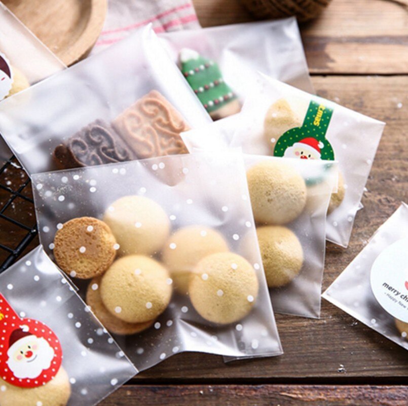 Bolsas transparentes de celofán para galletas, 100 Uds., bolsas de de Navidad, dulces con autoadhesivo de sello DIY para de boda