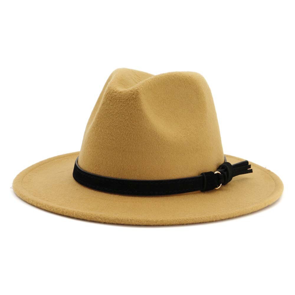 Vintage sommar bred brätte fedorahatt kvinnor lädersnöre imitation ylle jazzhatt keps chapeau för resor: 14
