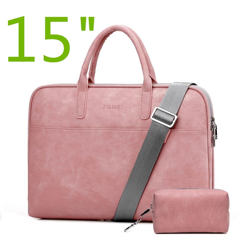 Waterproof PU Leather Laptop Case 13 14 15 Inch Business Handbag Notebook Tablet Briefcase with One Extra Adapter Bag: Pink-15inch
