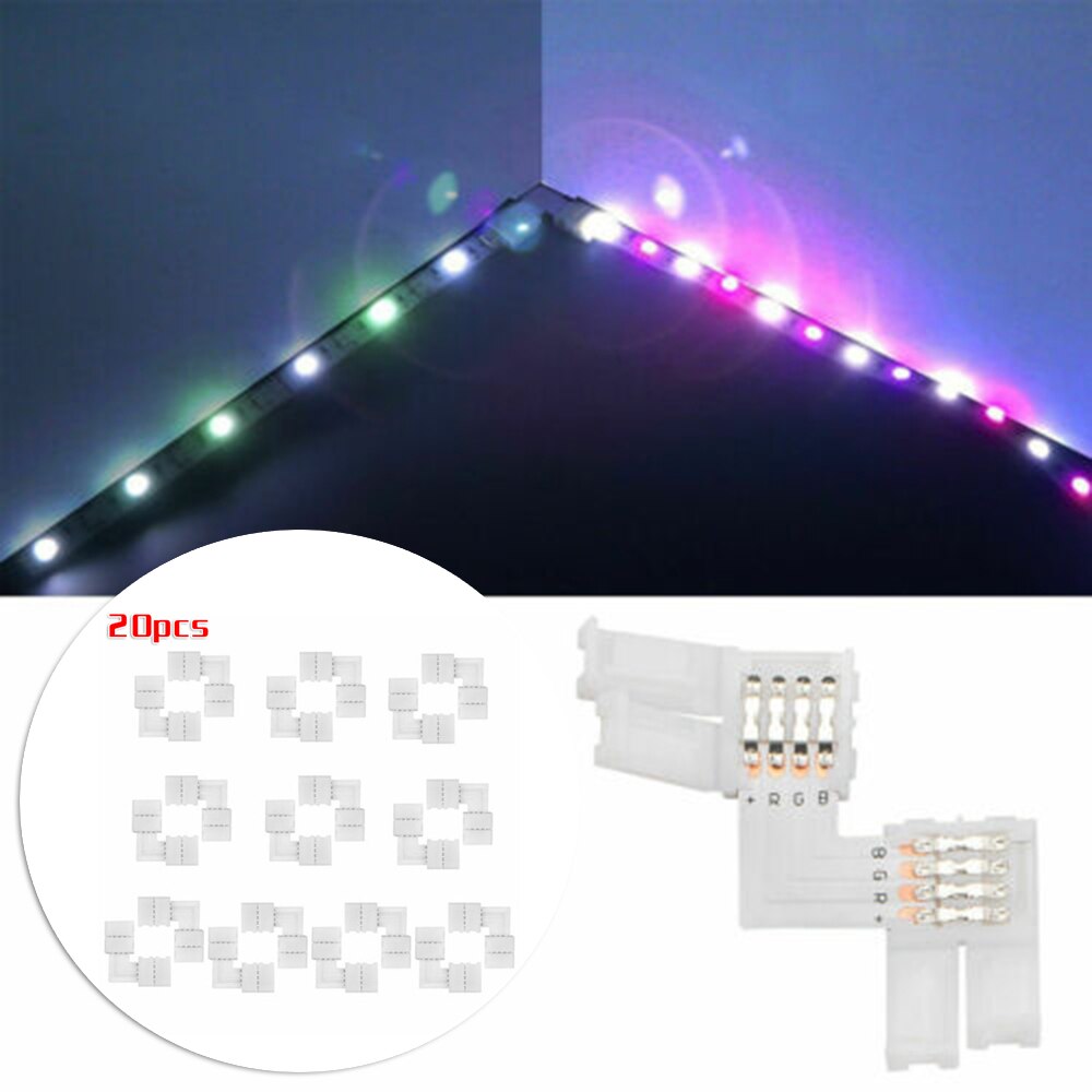 20 stk 10mm l-formet koblingsadapter 4 pinner til 3528/5050 smd rgb ledet lyslist til rektangler firkanter hjørneseksjoner
