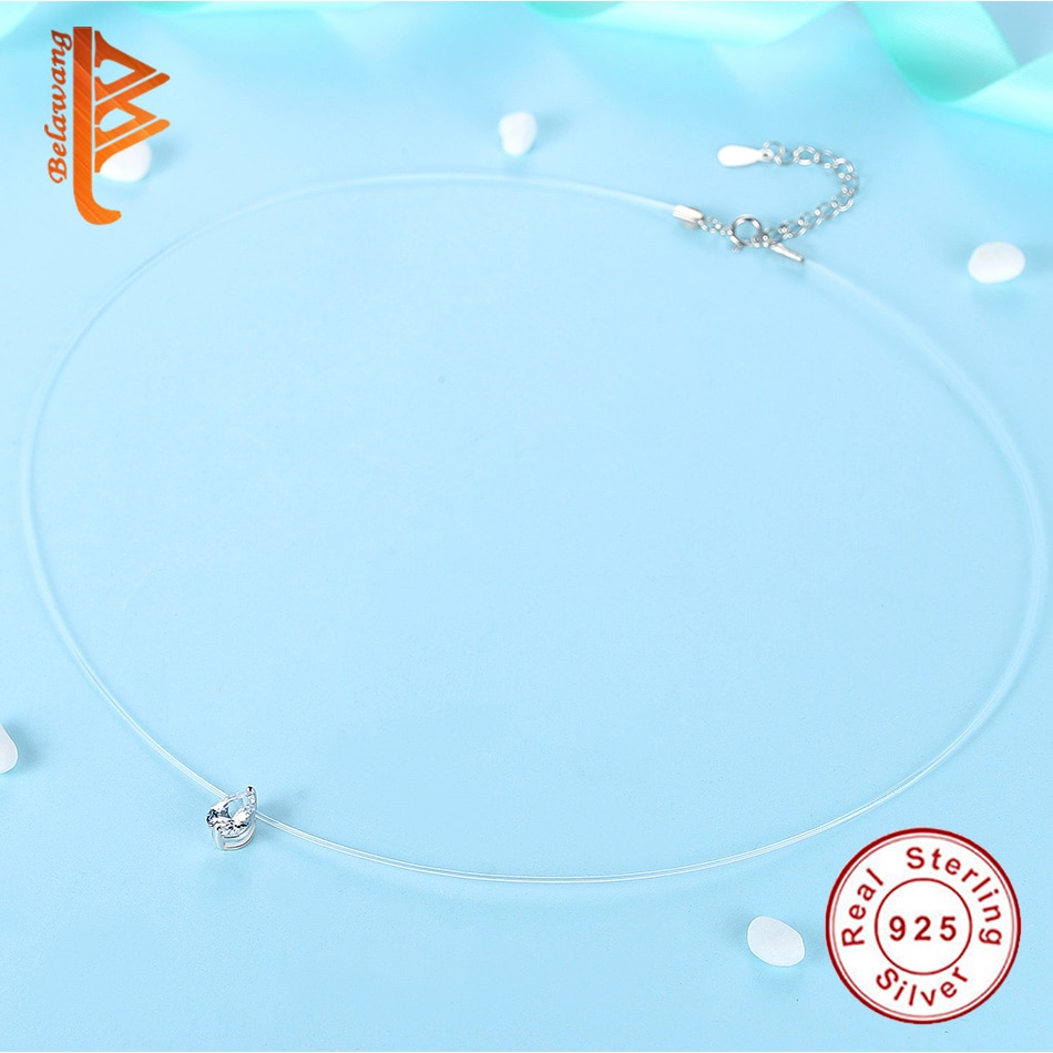 Exquisite Eenvoudige 925 Sterling Zilveren Transparante Vislijn Fonkelende Cz Hanger Kettingen Voor Vrouwen Mode-sieraden