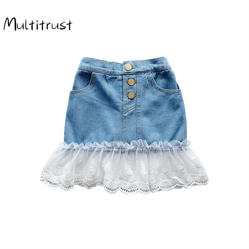 1-6Y Summer Infant Baby Girls Sweet Skirts Blue Denim Lace Straight Mini Skirts Outfits