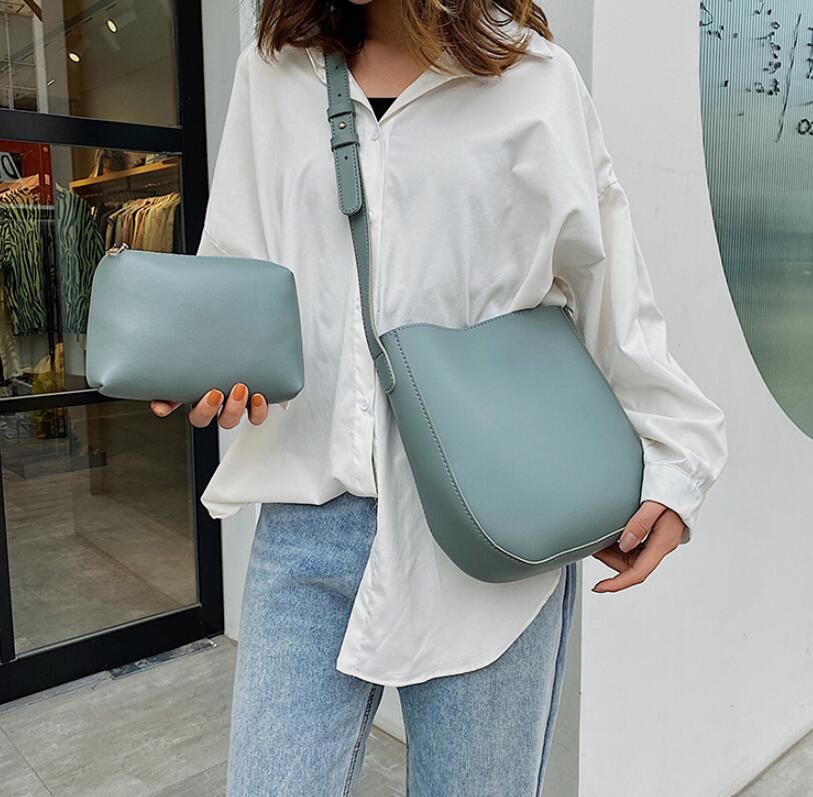 Pure color Casual Bucket bag PU Leather Women's Handbag High capacity Shoulder Messenger Bag