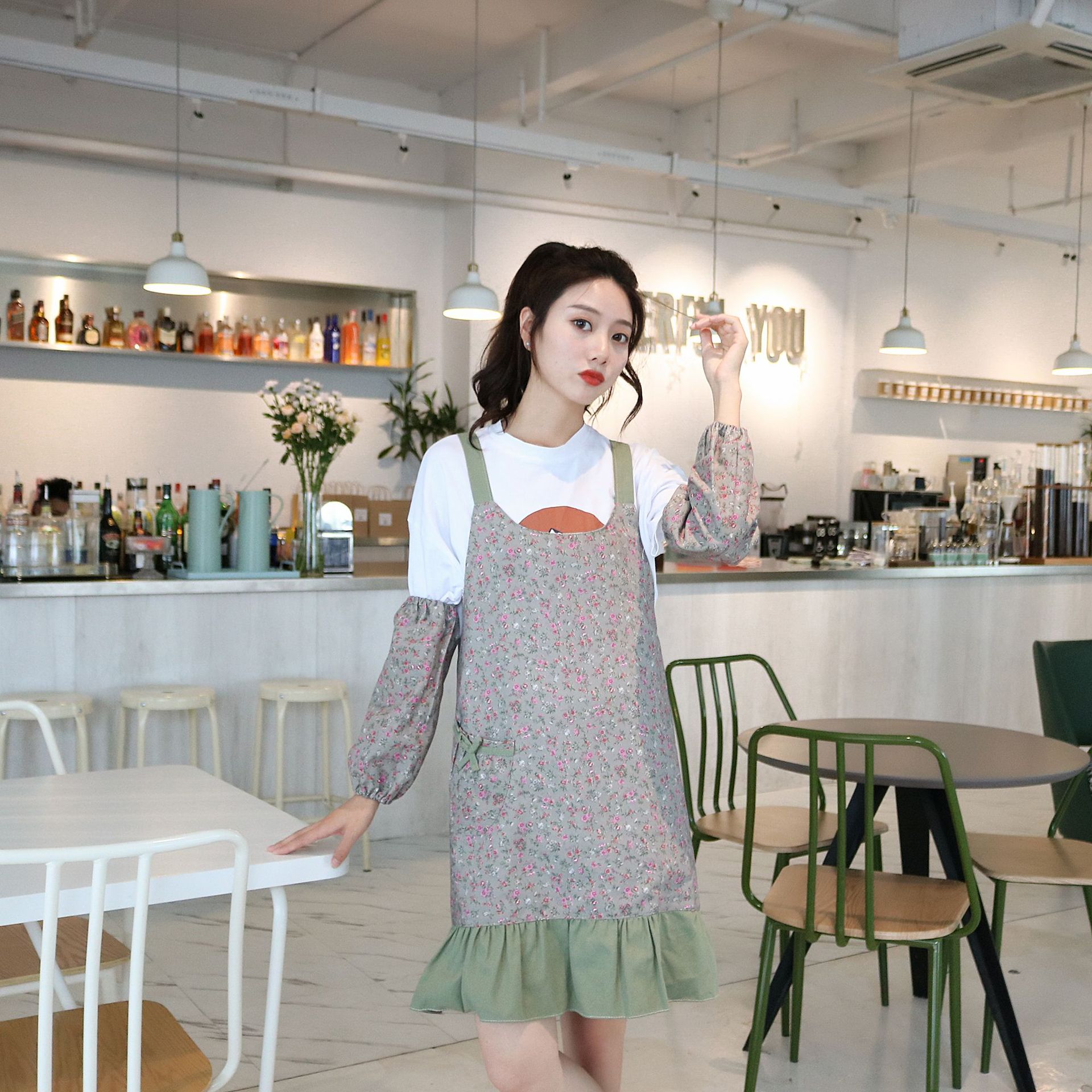 Delantal de algodón cocina hogar impermeable y a prueba de aceite bonita con flores delantal vestido estilo uniforme flor café uniforme: C WITH SLEEVE