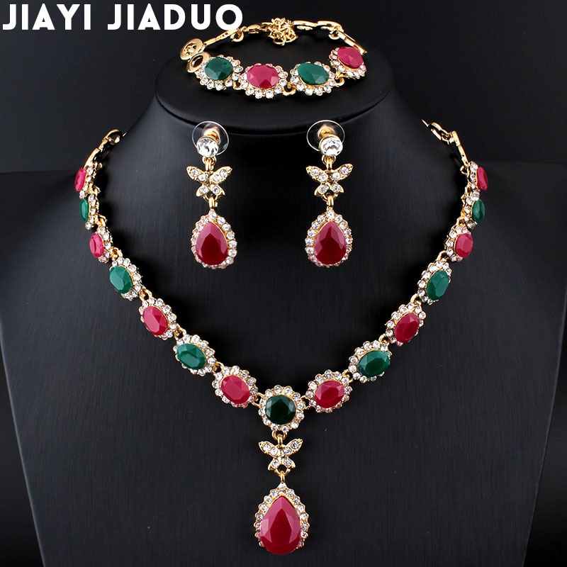 Jiayijiaduo multicolor crystal goud-kleur sieraden ketting oorbellen accessoires mode van vrouwen Europese afrikaanse sieraden sets