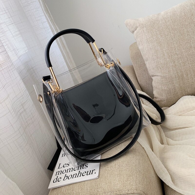 CASMOR Summer Small Bag Female Korean Handbags Women Shoulder Bag Clear Jelly Shoulder Bag Casual Women Bags: Black