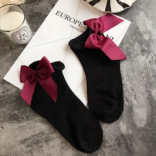 Winter Autumn Spring Sweet Curl Cotton After The Heel Ribbon Big Bow Short Socks Wild Chaussette Female Herring Ankle Socks: Socks black wine red