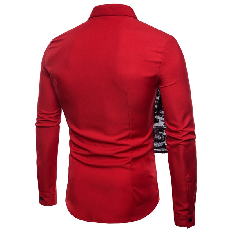 Herr långärmade skjortor herr sommar business casual slim-fit skjortor herr solid paljett spets dekorerade smoking skjortor