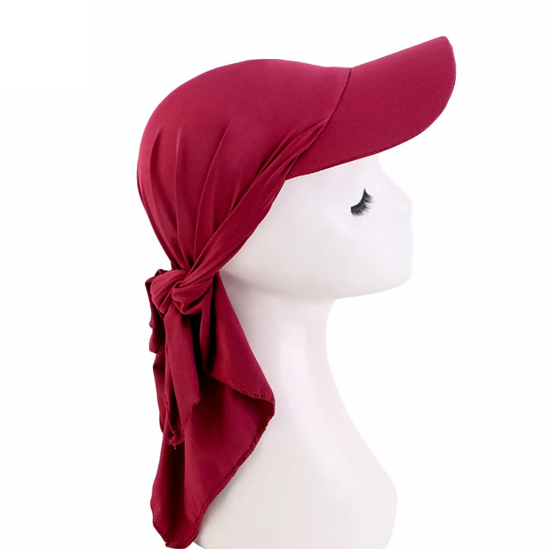 Gorra de ala ancha de verano para mujer, visera para el sol con turbante preatado, gorros Hijab, pañuelo para la cabeza, pañuelos a prueba de viento, sombrero para el sol al aire libre de Color sólido: Rojo óxido