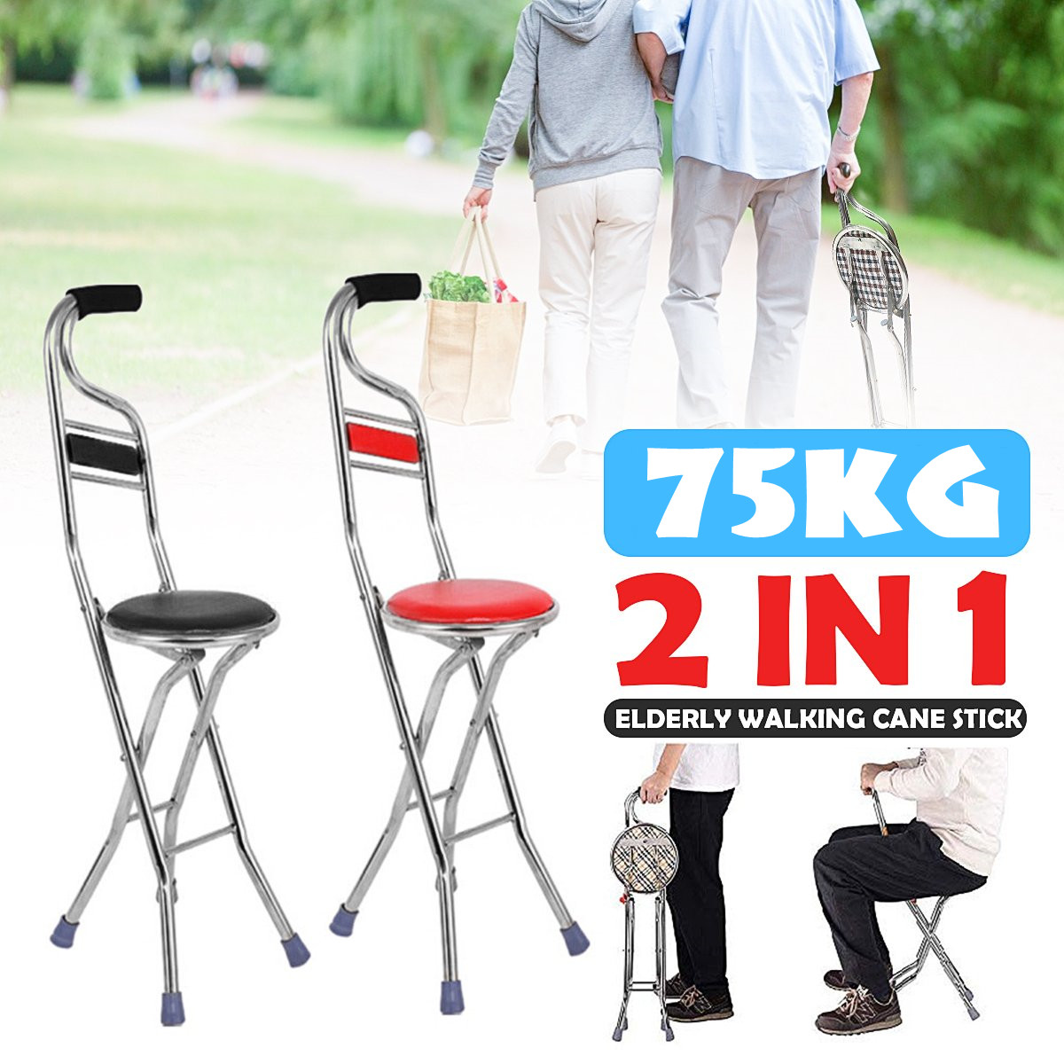 Bastón plegable 2 en 1 portátil, de acero inoxidable, ligero, con asiento, taburete, trípode, muleta portátil para caminar para personas mayores