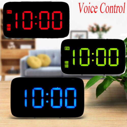 Digital LED Alarm Clock Large Screen Snooze Battery Powered Voice Control Clocks