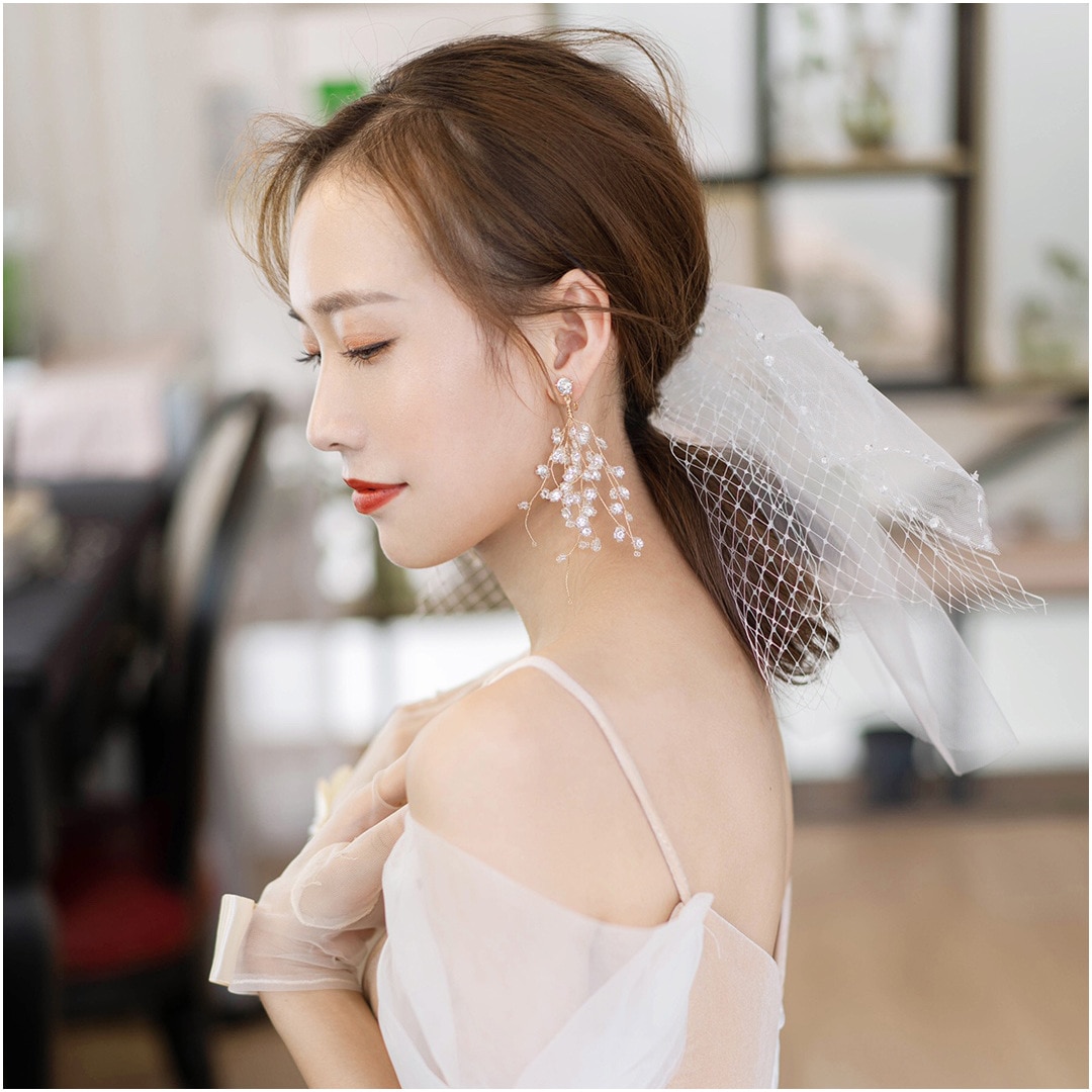 Boutique-velo corto con cuentas blancas para mujer, accesorios para el cabello, maquillaje con lazo, novia y boda