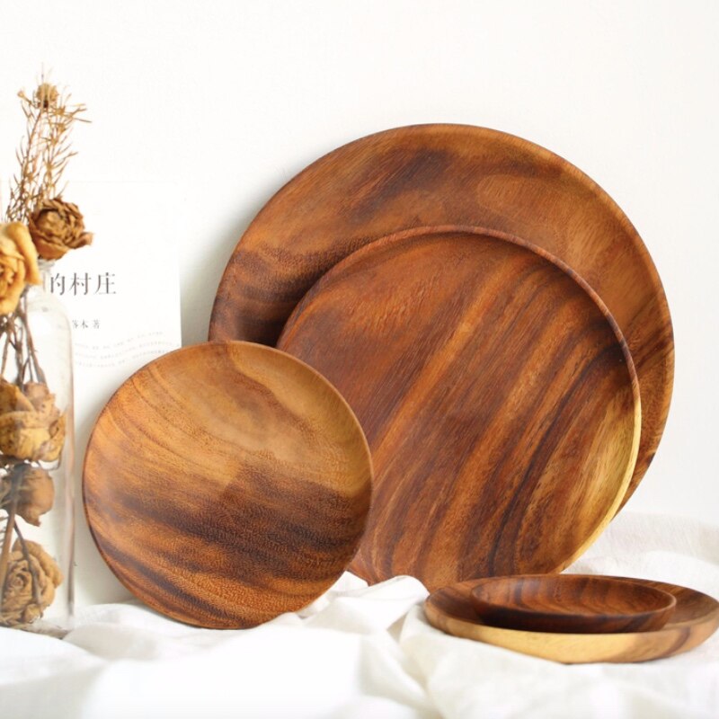 Rund massivt trä tallrik hel trä frukt rätter trä tefat te bricka efterrätt middag frukost tallrik porslin set