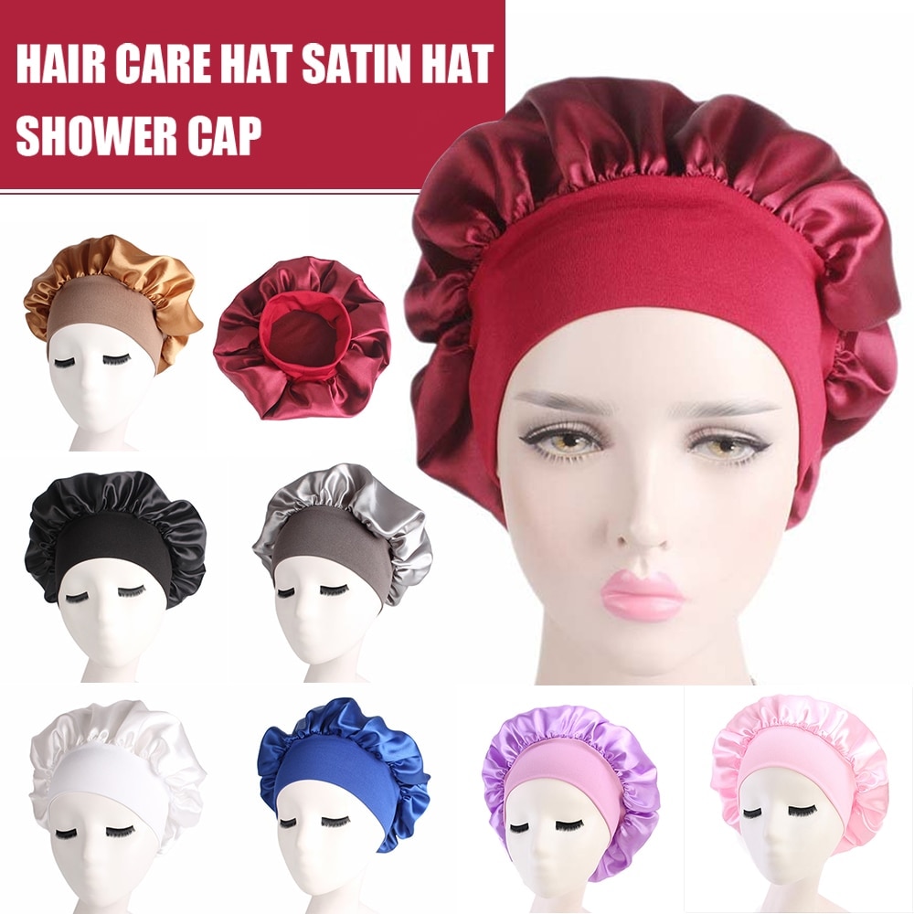 Solid Color Long Hair Care Women Satin Bonnet Cap Night Sleep Hat Silk Head Wrap Adjust Shower Caps Knitted Cap 58cm