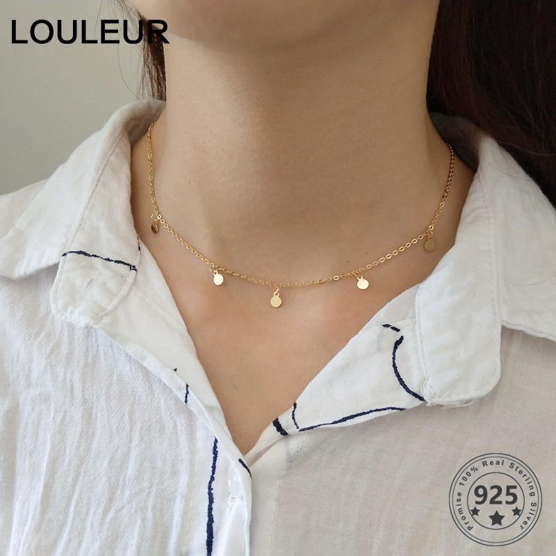 Louleur Real 925 Sterling Silver Small Wafer Gold Necklaces Mini Clavicular Chain Choker Necklace for Women Fine Jewelry