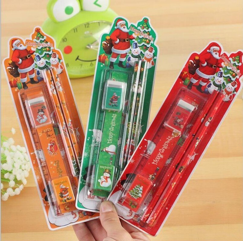 5pcs/set Christmas Series Kids Stationery Students Ruler Pencil Eraser Pencil Sharpener Kit School Rewards Supplies