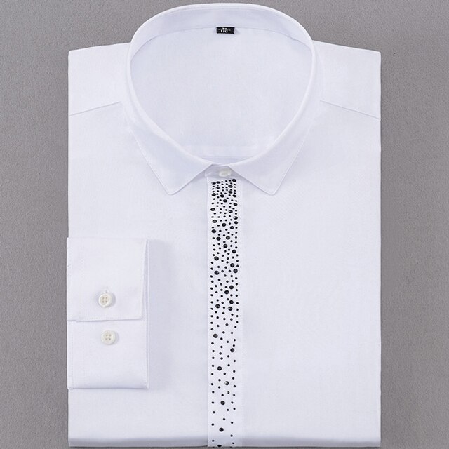 Men's Diamond Hidden Buttons Dress Shirt Pocket-less Long Sleeve Standard-fit Wrinkle Resistant Shirts: White / 41