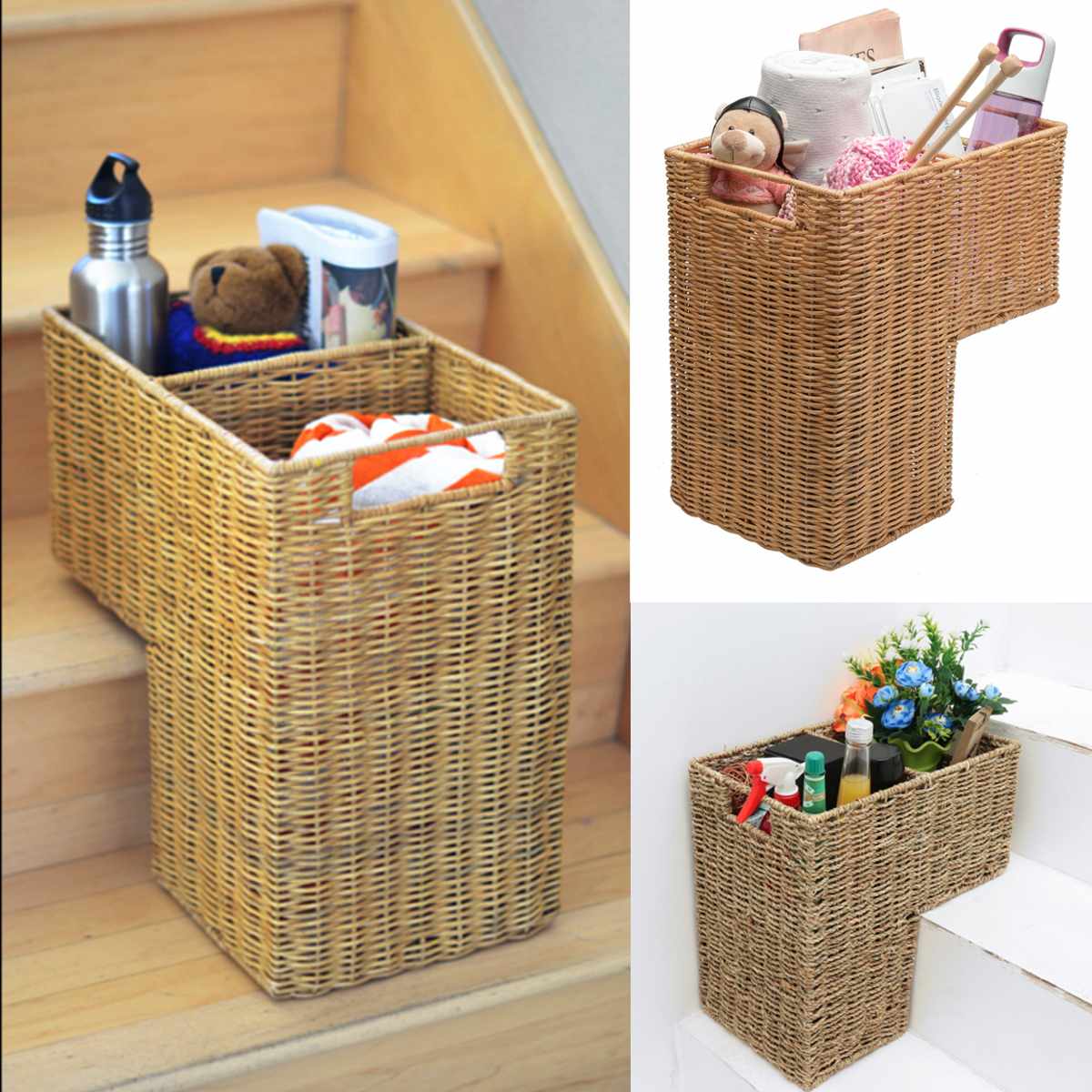 42*40cm Woven Wicker Stair Step Basket Organizer Stylish Cosmetic Box with Handle Container Storage Clothes Children Toys Home